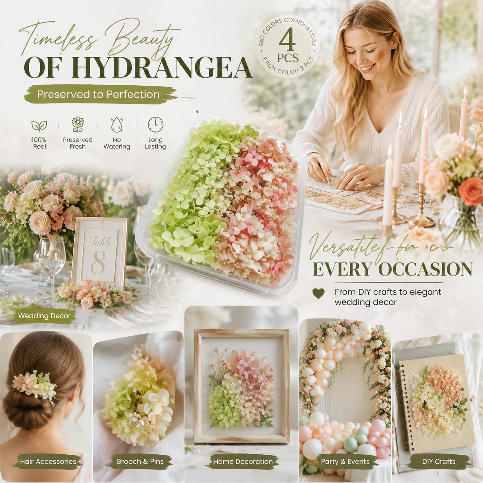 Warm Mixed Shade & Pale Green Champagne Preserved Hydrangea Frame DIY Bulk Set of 4 Boxes - Image 1