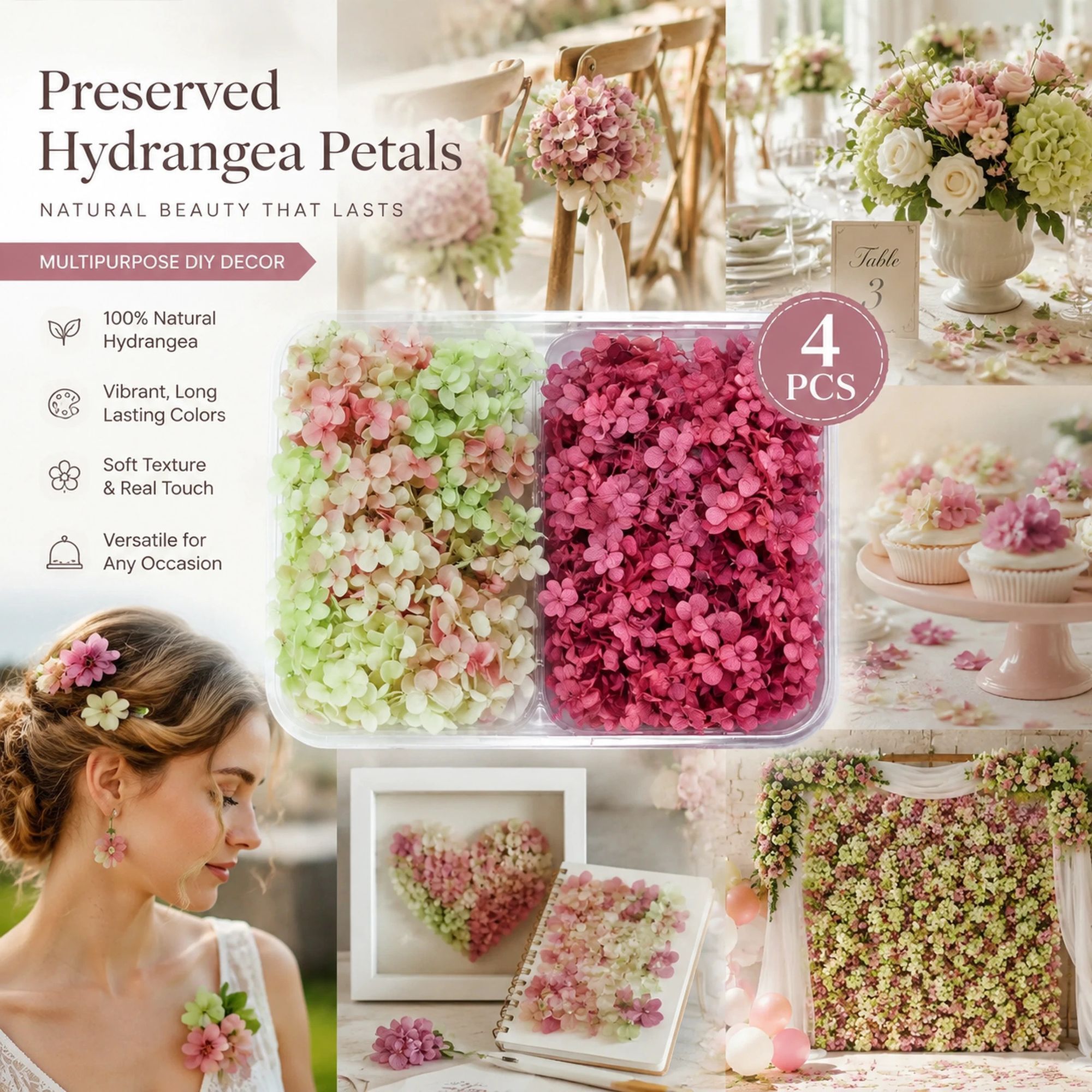 Warm Mixed Shade & Purple Cloud Gradient Preserved Hydrangea Resin Ornament Large Pack 4 - Image 1