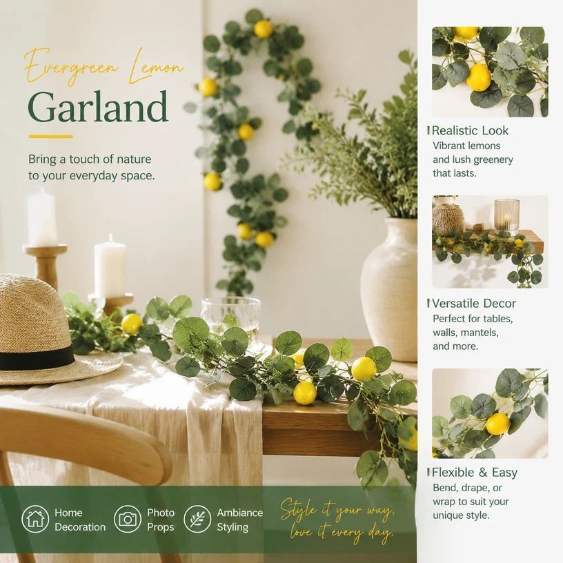 Style B 3 Fork Artificial Eucalyptus Vine With Foam Lemon Fruits Decor - Image 1