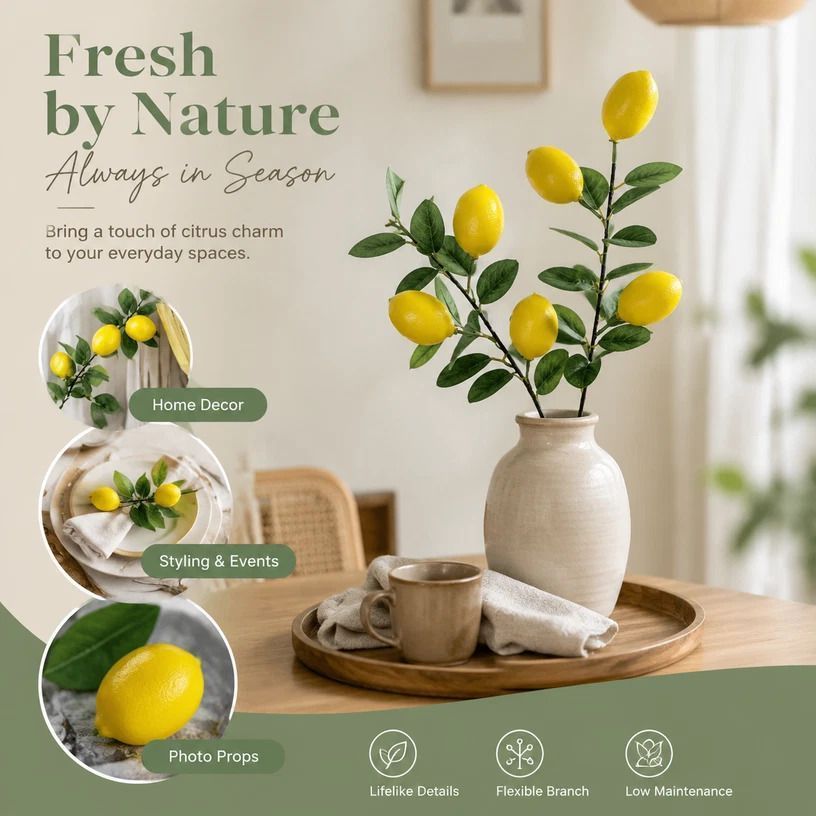 Single Lemon Stem B Artificial Lemon Branch Table Ornament - Image 1