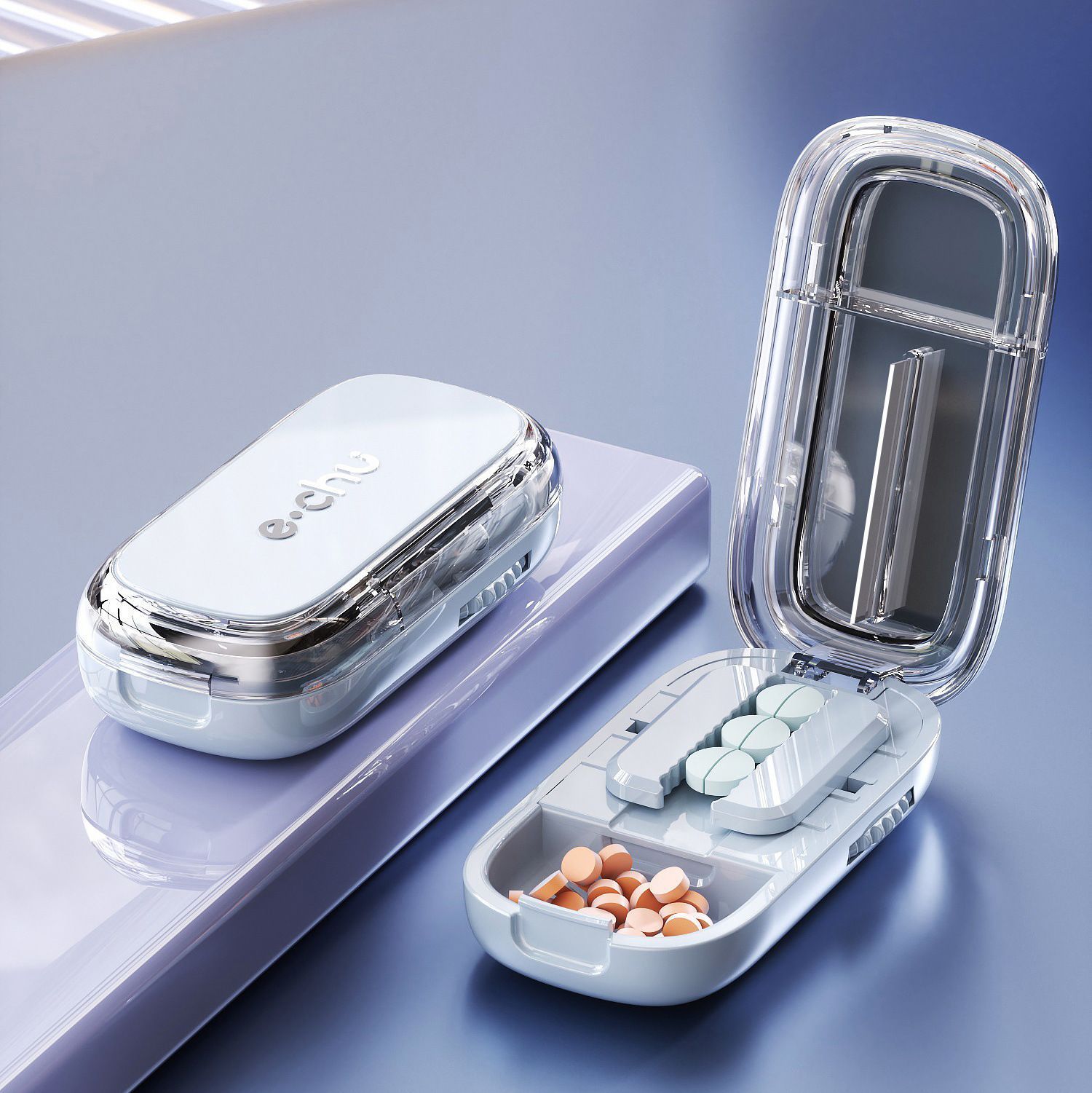 2pcs Starry Blue Pill Box with 1/2 Pill Cutter - Image 1