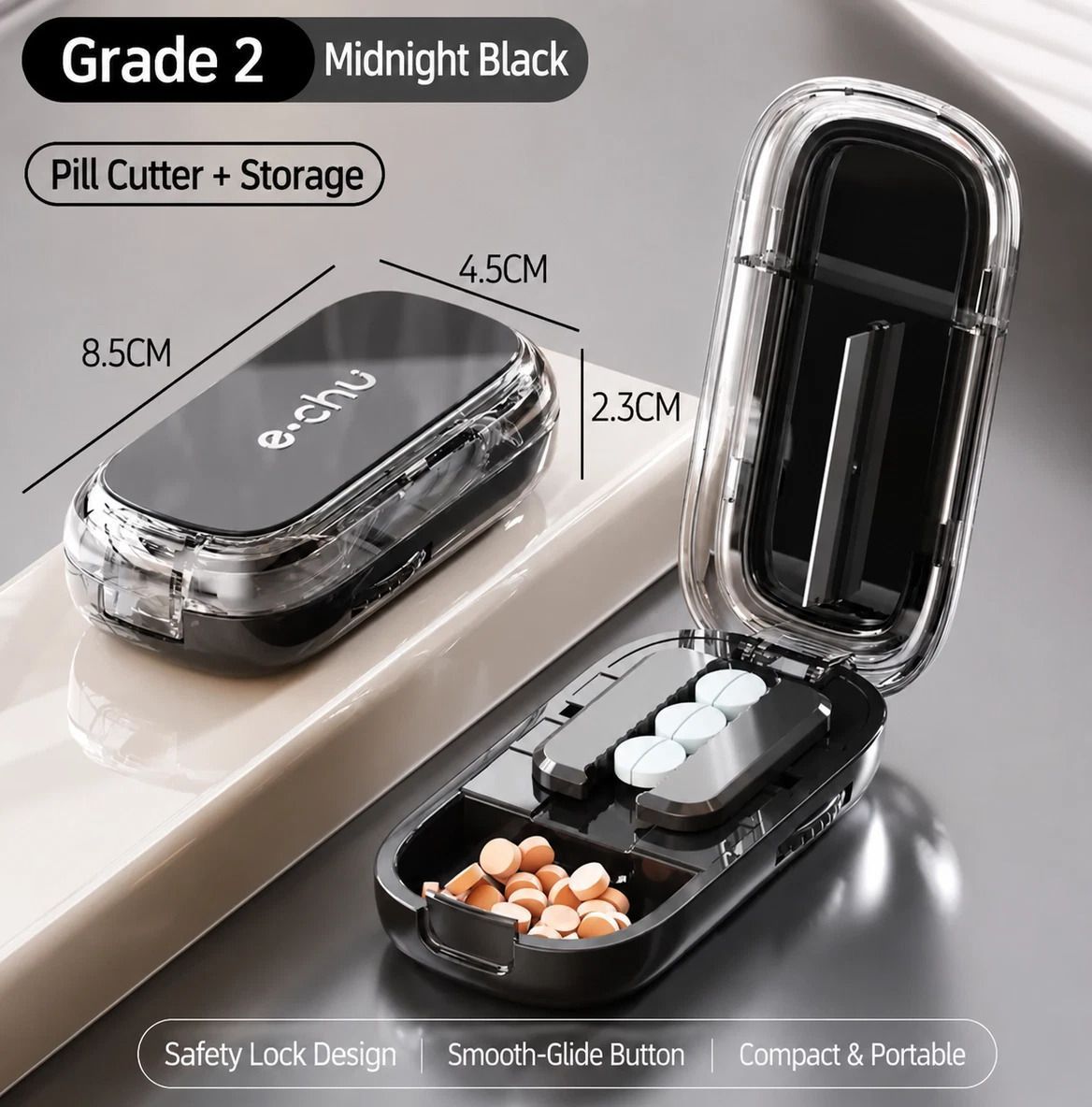 2pcs Starry Black Pill Box with 1/2 Pill Cutter - Image 1