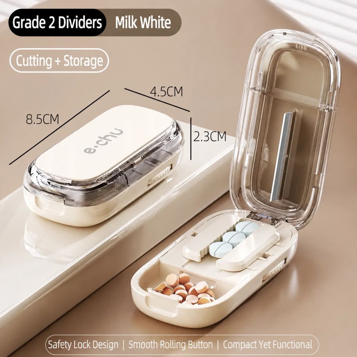 2pcs Cream White Pill Box with 1/2 Pill Cutter - Image 1