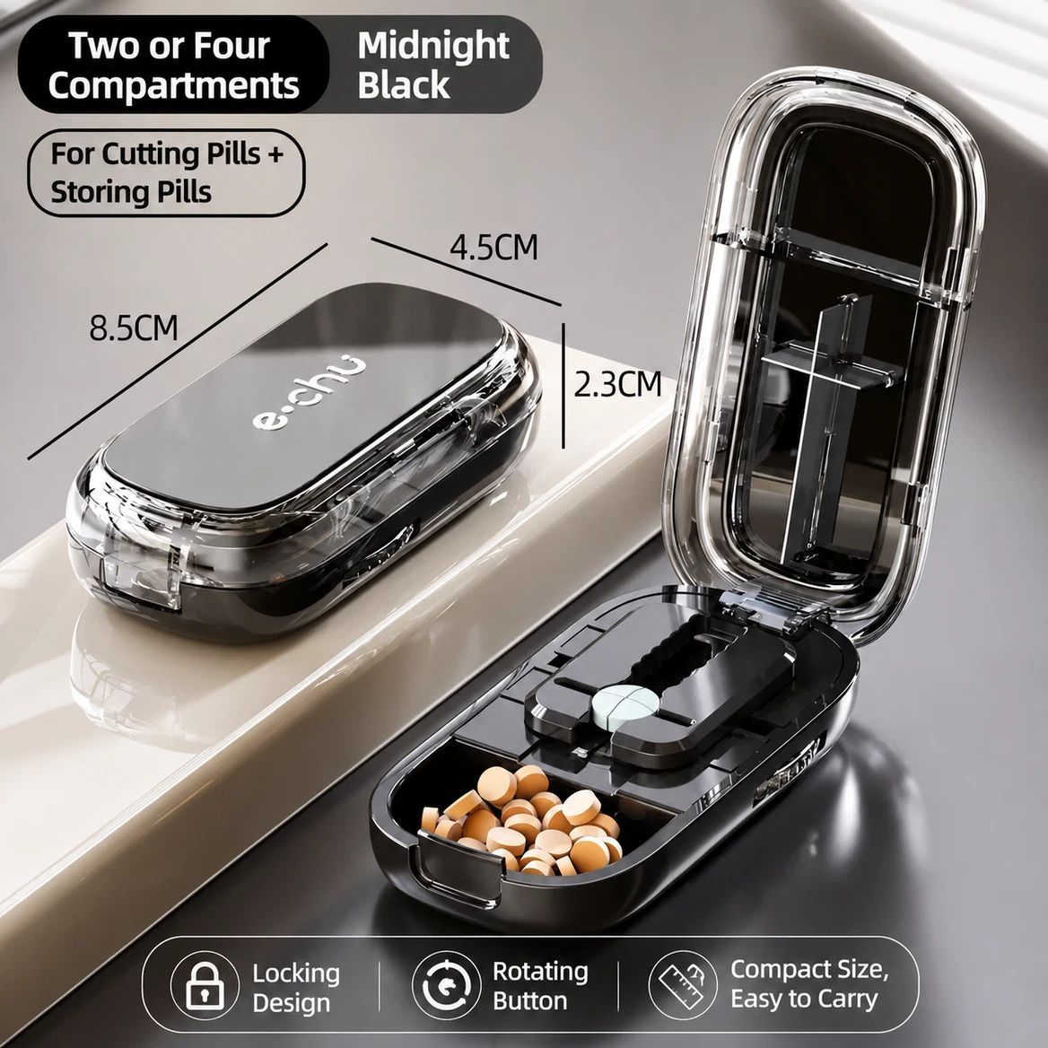 2pcs Starry Black Pill Box with 1/2 & 1/4 Pill Cutter - Image 1