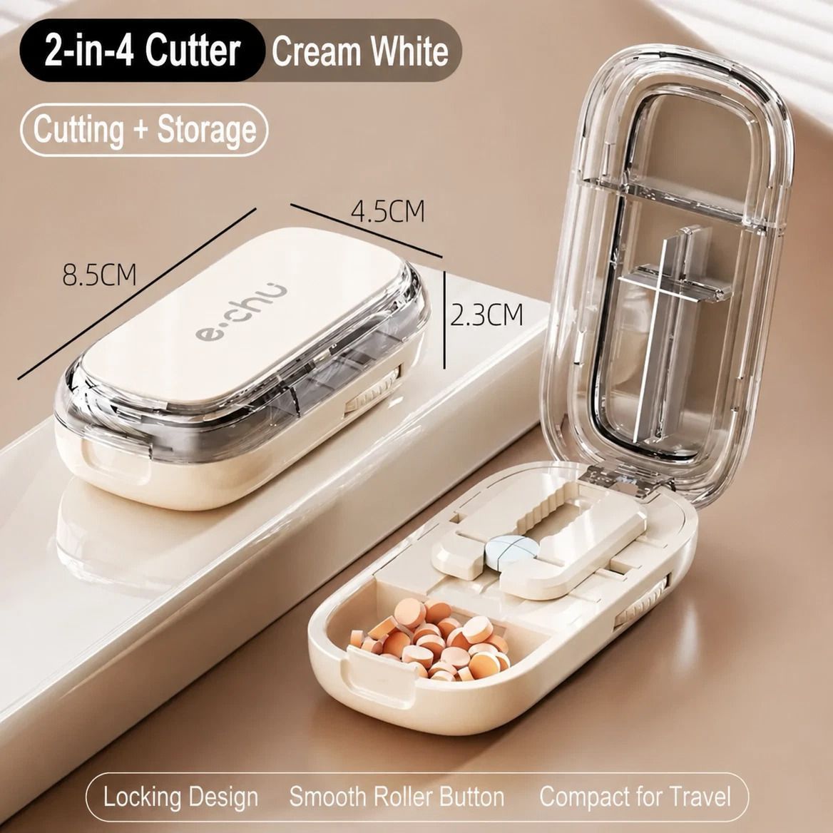 2pcs Cream White Pill Box with 1/2 & 1/4 Pill Cutter - Image 1