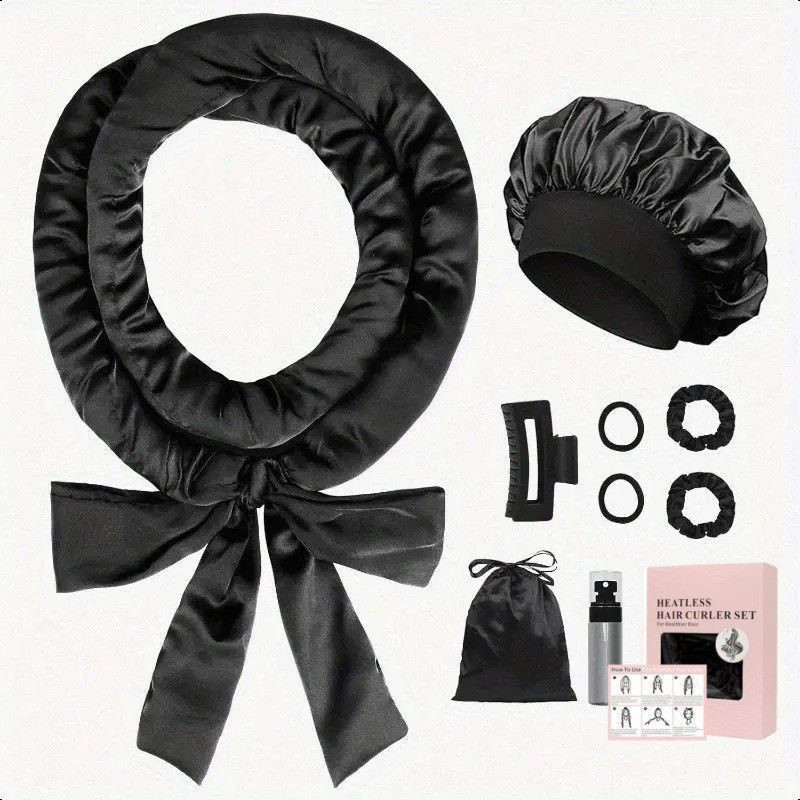 Black Satin No Heat Sleep Hair Curler 9Pcs Gift Set - Image 1