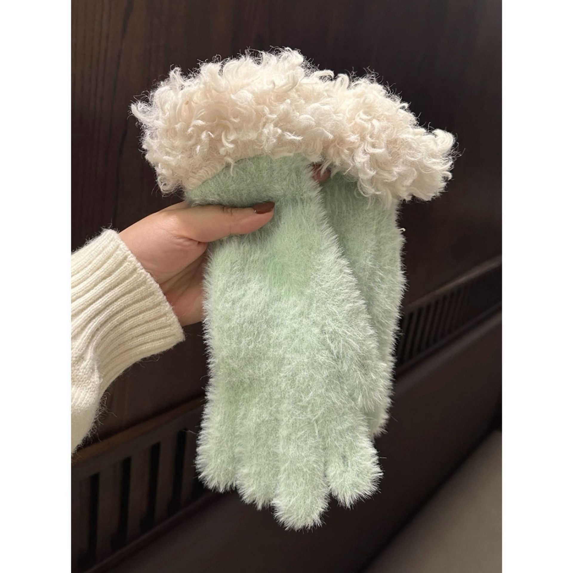 Green Faux Mink Spliced Gloves - Image 1