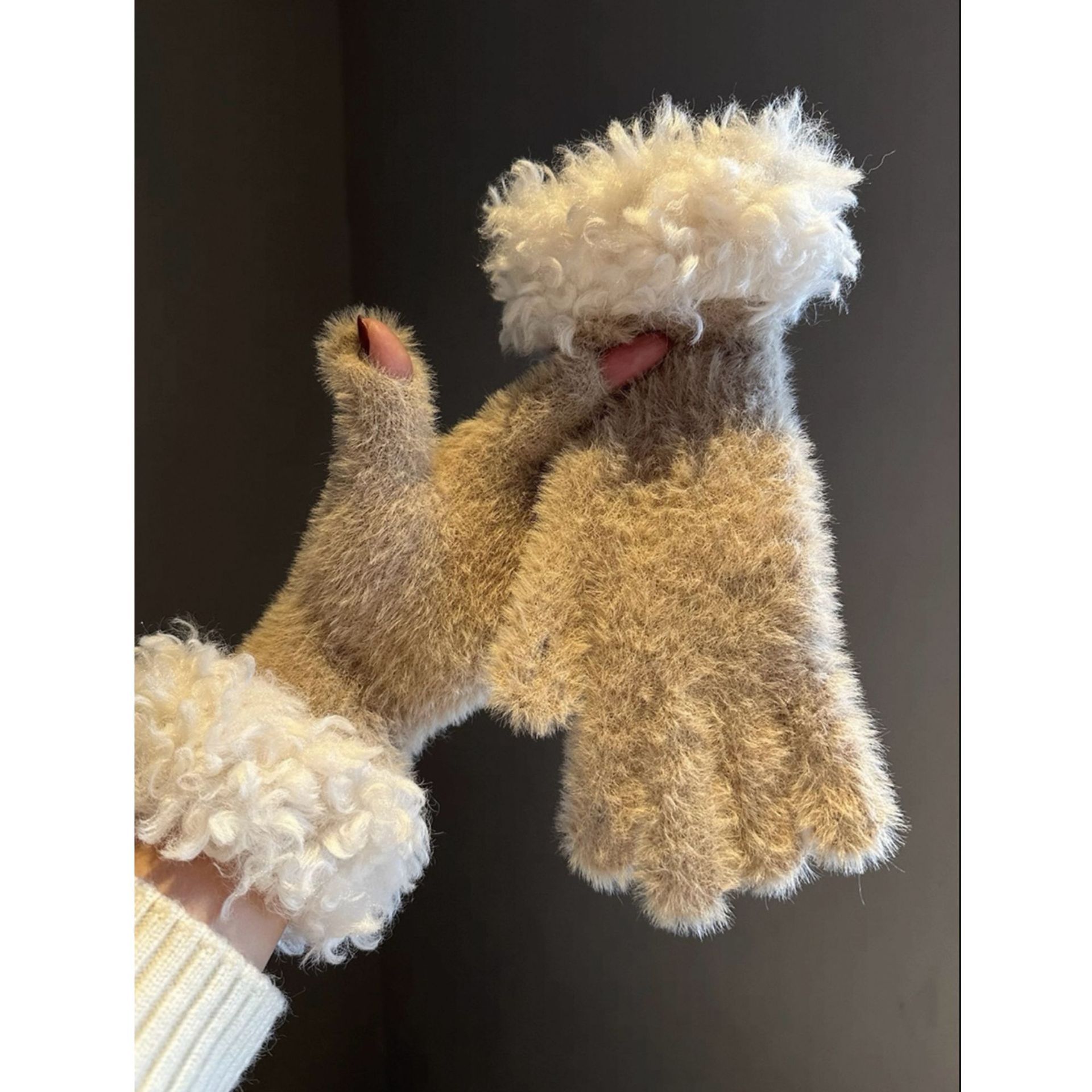 Khaki Faux Mink Spliced Gloves - Image 1