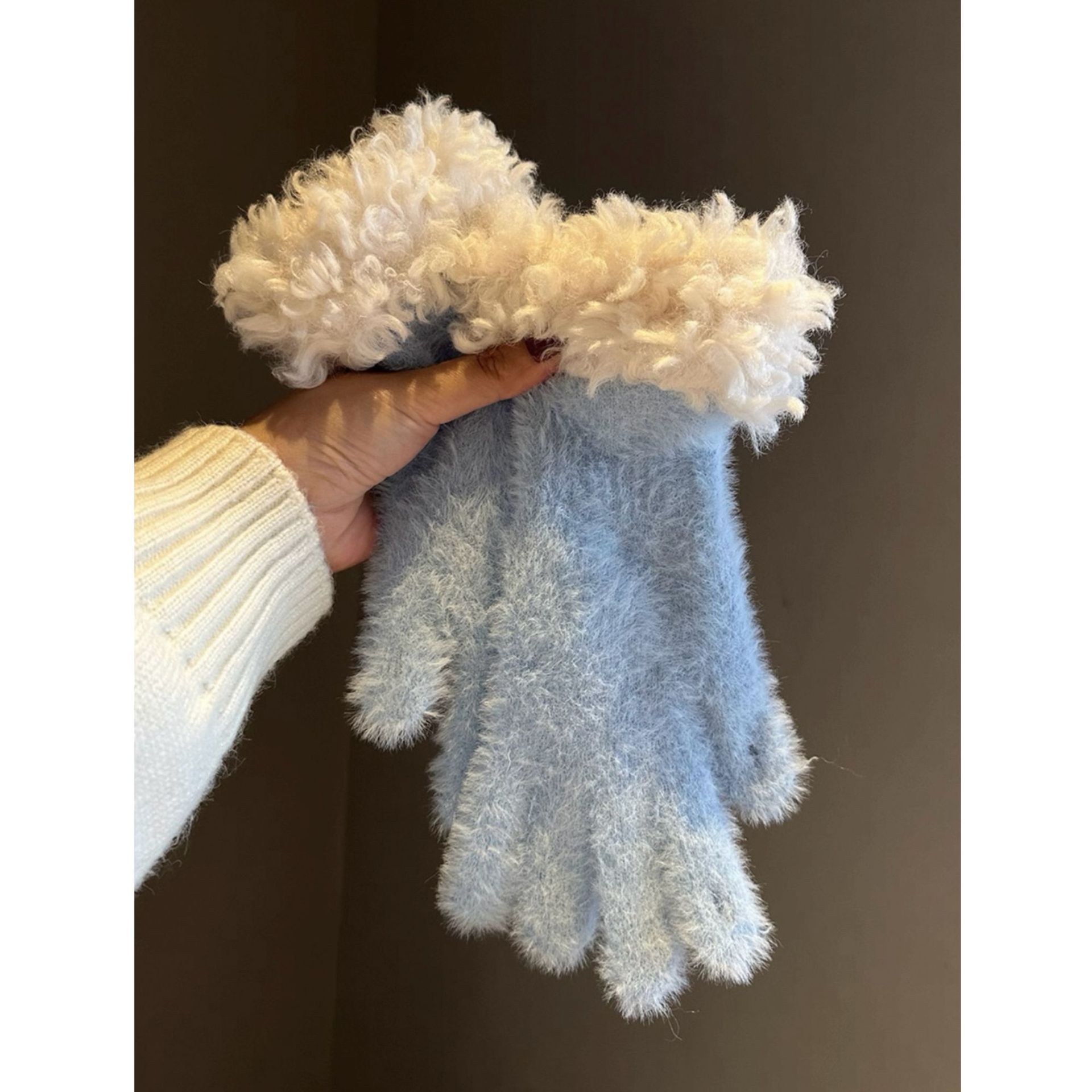 Blue Faux Mink Spliced Gloves - Image 1