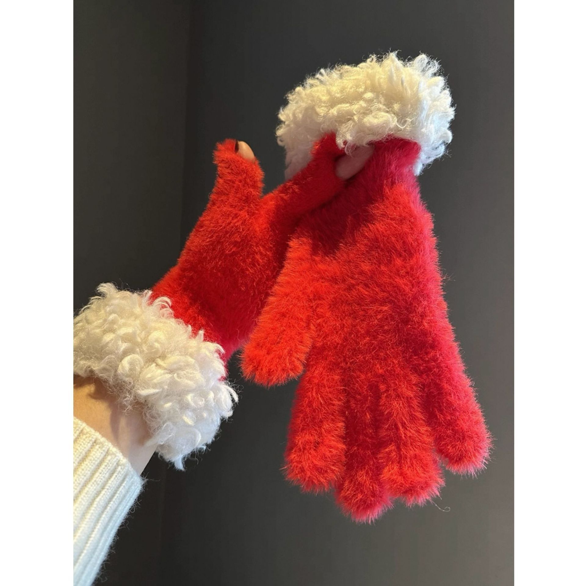 Red Faux Mink Spliced Gloves - Image 1