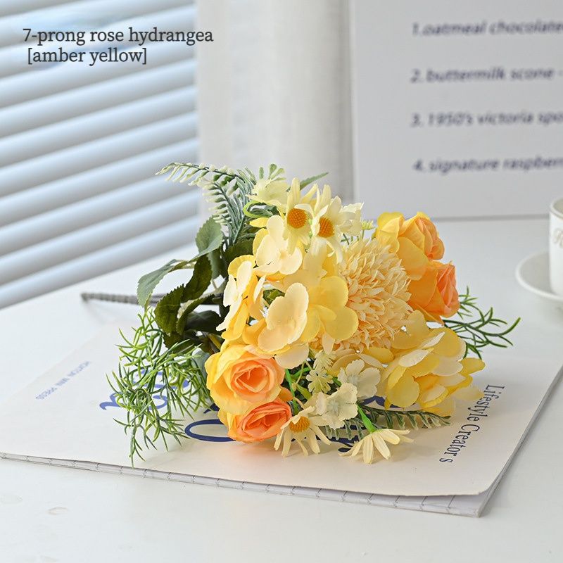 7-Branch Handheld Artificial Bouquet | Ins-Style Spring Romance, Long-Lasting Healing Little Happiness/7-prong rose hydrangea [amber yellow] - Image 1