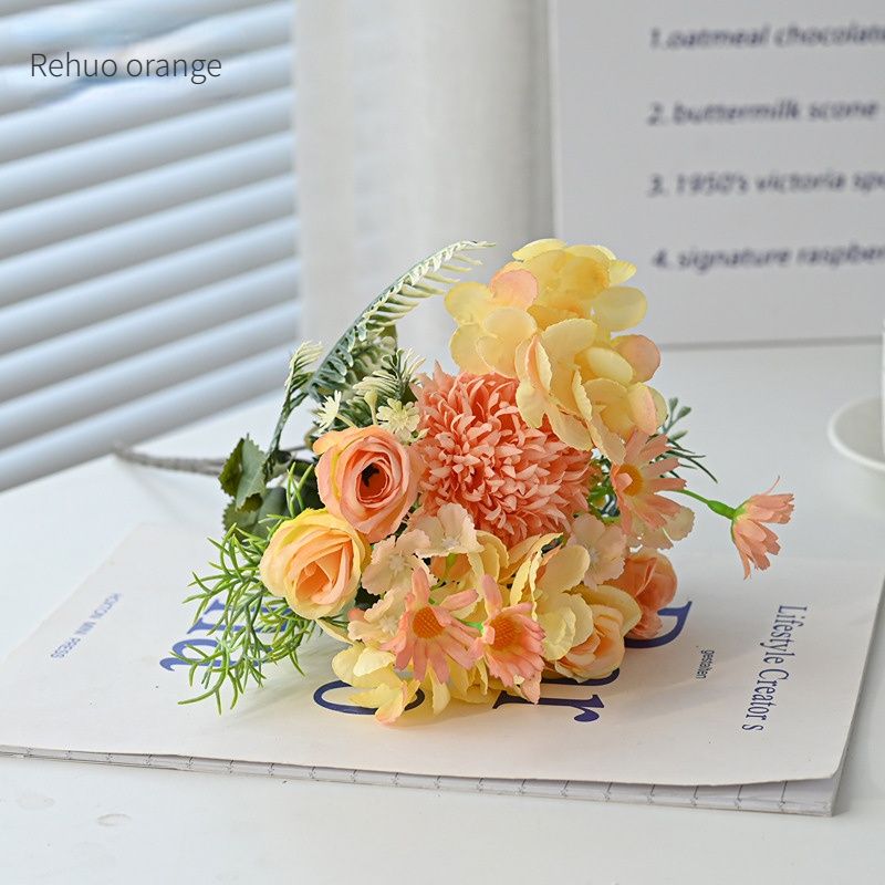 7-Branch Handheld Artificial Bouquet | Ins-Style Spring Romance, Long-Lasting Healing Little Happiness/7-prong rose hydrangea [Hot Orange] - Image 1