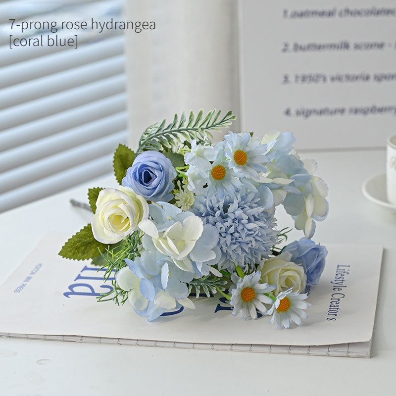 7-Branch Handheld Artificial Bouquet | Ins-Style Spring Romance, Long-Lasting Healing Little Happiness/7-prong rose hydrangea [coral blue] - Image 1