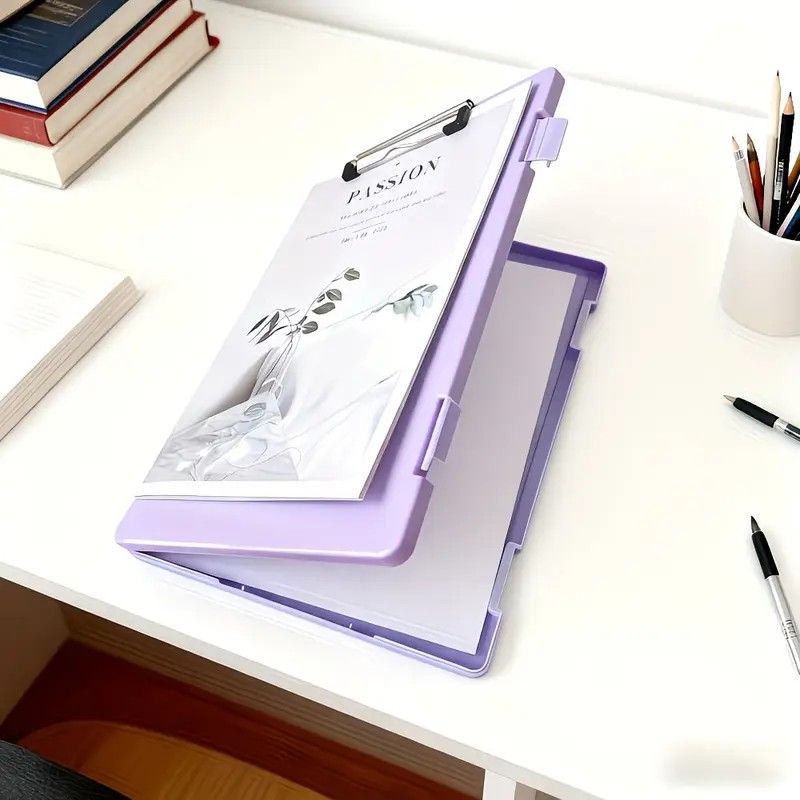 A4 File Box Clip Board 2-in-1, Large Capacity Storage, Strong Metal Clip, Corner Protection Design, Writing Pad, Essential for Organizing Documents/light purple - Image 1