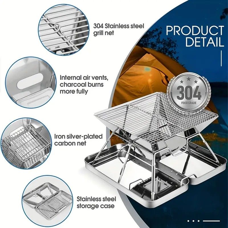 304 Stainless Steel Portable Folding BBQ Grill with Storage Tray for Outdoor Camping Picnics Beach and Backyard - Image 2