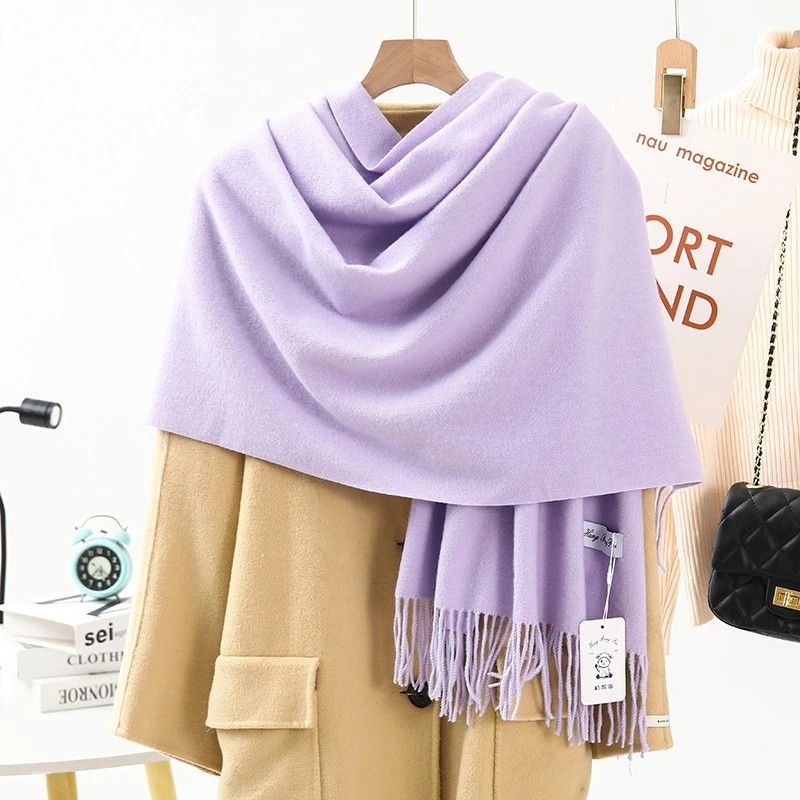Solid Color Cashmere Wrap Scarf, Thickened for Warmth and Windproof, Bohemian-Style Winter Wardrobe Essential(light purple) - Image 1