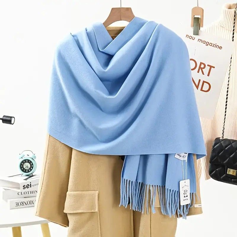 Solid Color Cashmere Wrap Scarf, Thickened for Warmth and Windproof, Bohemian-Style Winter Wardrobe Essential(sky blue) - Image 1