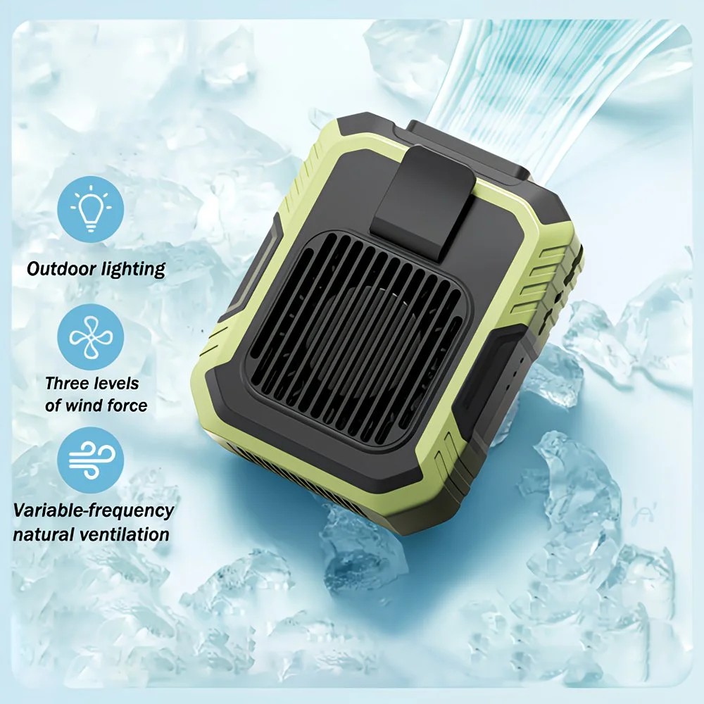 Wall-mounted USB rechargeable dual-purpose fan, integrating rapid cooling, dehumidification, and lighting functions. Features three-speed wind adjustment, can be worn on the waist via a hanging strap, with quiet operation, GREEN - Image 4