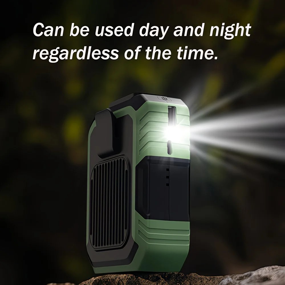 Wall-mounted USB rechargeable dual-purpose fan, integrating rapid cooling, dehumidification, and lighting functions. Features three-speed wind adjustment, can be worn on the waist via a hanging strap,Orange - Image 3