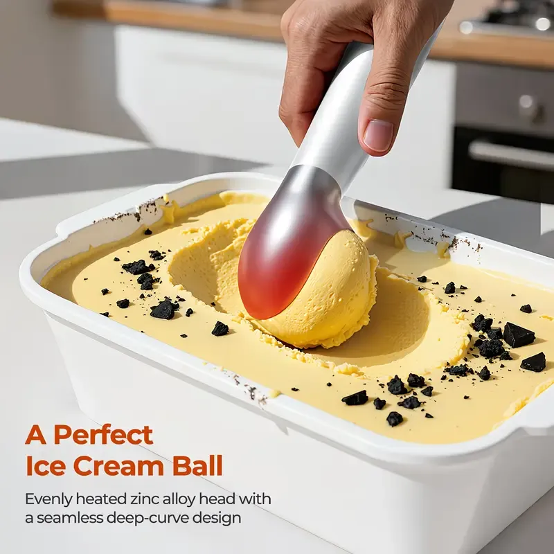 Rechargeable Smart Heated Ice Cream Scoop, 3 Temperature Settings for Quick Scooping, Zinc Alloy Head with Silicone Handle, Type-C Charging, Essential Home Dessert Tool./WHITE - Image 6