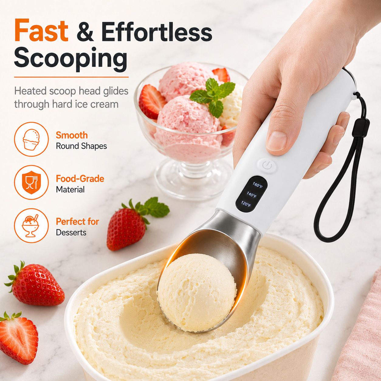 Rechargeable Smart Heated Ice Cream Scoop, 3 Temperature Settings for Quick Scooping, Zinc Alloy Head with Silicone Handle, Type-C Charging, Essential Home Dessert Tool./PINK - Image 2