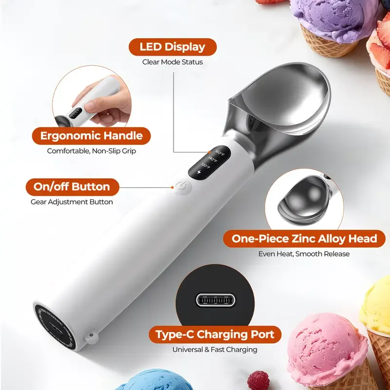 Rechargeable Smart Heated Ice Cream Scoop, 3 Temperature Settings for Quick Scooping, Zinc Alloy Head with Silicone Handle, Type-C Charging, Essential Home Dessert Tool./PINK - Image 3