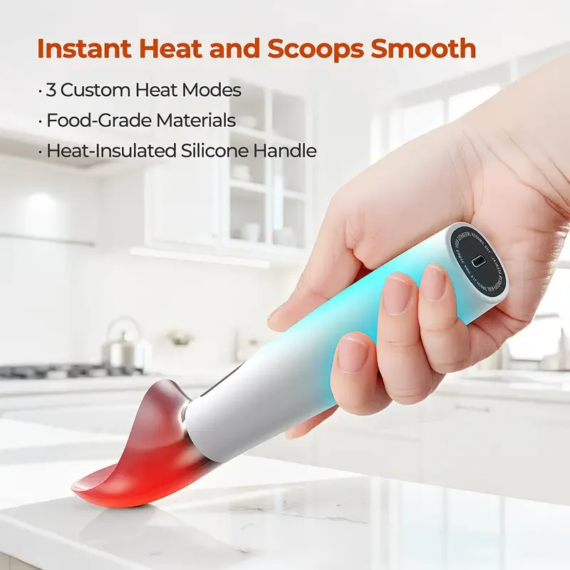 Rechargeable Smart Heated Ice Cream Scoop, 3 Temperature Settings for Quick Scooping, Zinc Alloy Head with Silicone Handle, Type-C Charging, Essential Home Dessert Tool./PINK - Image 4
