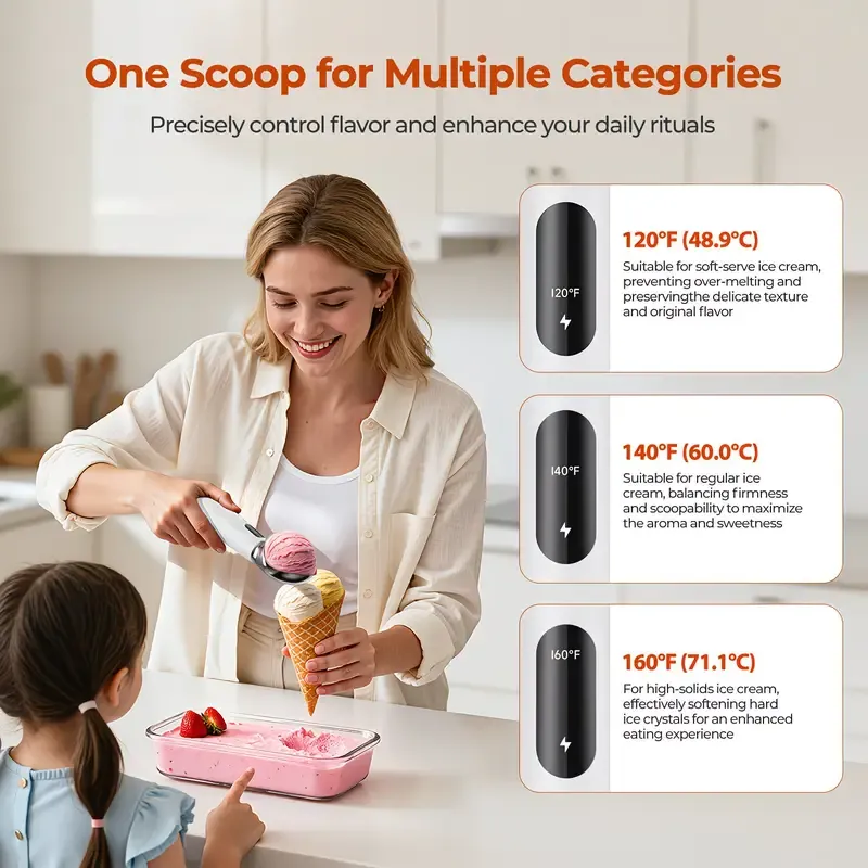 Rechargeable Smart Heated Ice Cream Scoop, 3 Temperature Settings for Quick Scooping, Zinc Alloy Head with Silicone Handle, Type-C Charging, Essential Home Dessert Tool./PINK - Image 7