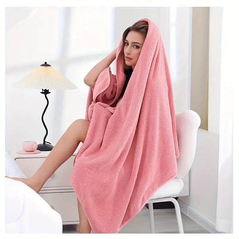Modern Pineapple Grid Design Ultra-Soft Coral Fleece Bath Towel｜90x170cm Extra Thick Strong Absorption, Suitable for Bathroom, Gym, Hotel, and Home Use.（pink) - Image 2