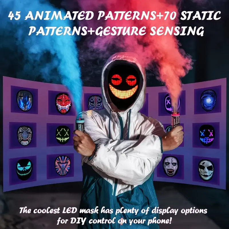 Smart LED Gesture-Sensing Light-Up Mask, 45 Dynamic + 70 Static Patterns, Party Atmosphere Essential / USB Rechargeable Version - Image 8