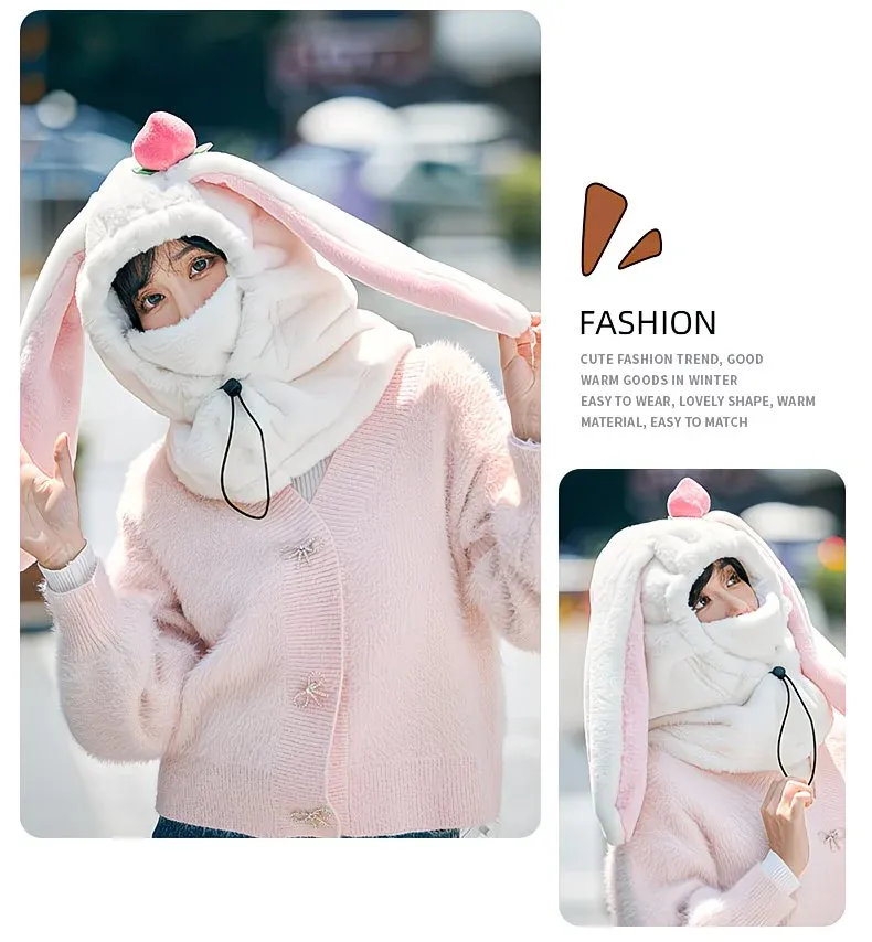 Cartoon Rabbit Ear Thermal Hat: Three-in-One Design, Cute and Warm, Perfect for Cycling and Skiing, Adorable All Winter Long!/white - Image 5
