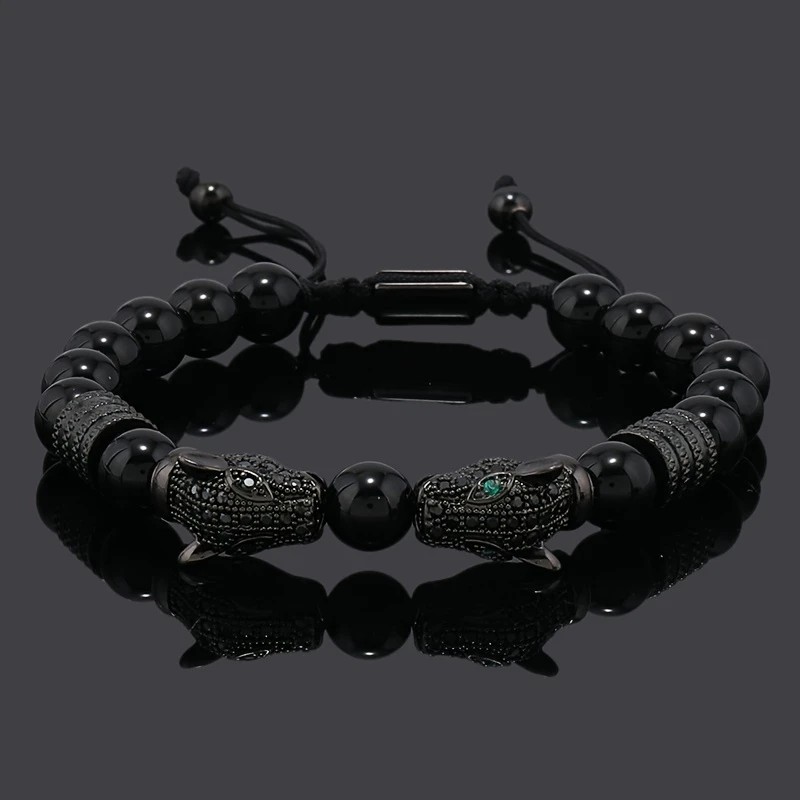 Leopard Print Men's Bracelet: Polished Black Stone Beads with Inlaid Diamond Leopard Head, 175-200mm Adjustable, Embodying Wild and Sophisticated Wrist Fashion.black - Image 1