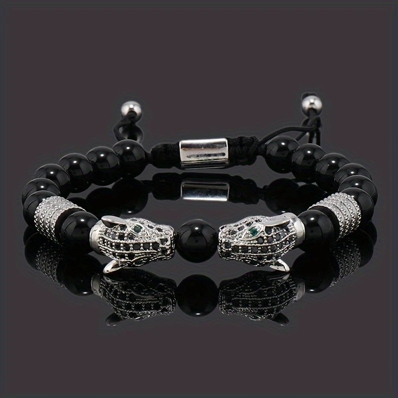 silver Leopard Print Men's Bracelet: Polished Black Stone Beads with Inlaid Diamond Leopard Head, 175-200mm Adjustable, Embodying Wild and Sophisticated Wrist Fashion. - Image 1