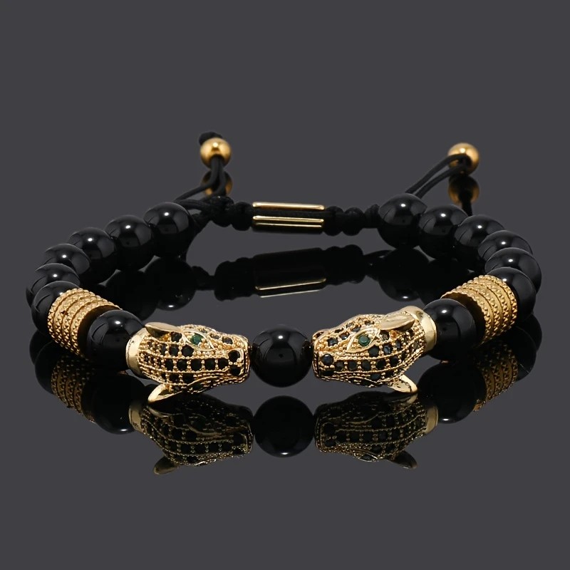 silver Leopard Print Men's Bracelet: Polished Black Stone Beads with Inlaid Diamond Leopard Head, 175-200mm Adjustable, Embodying Wild and Sophisticated Wrist Fashion. - Image 2