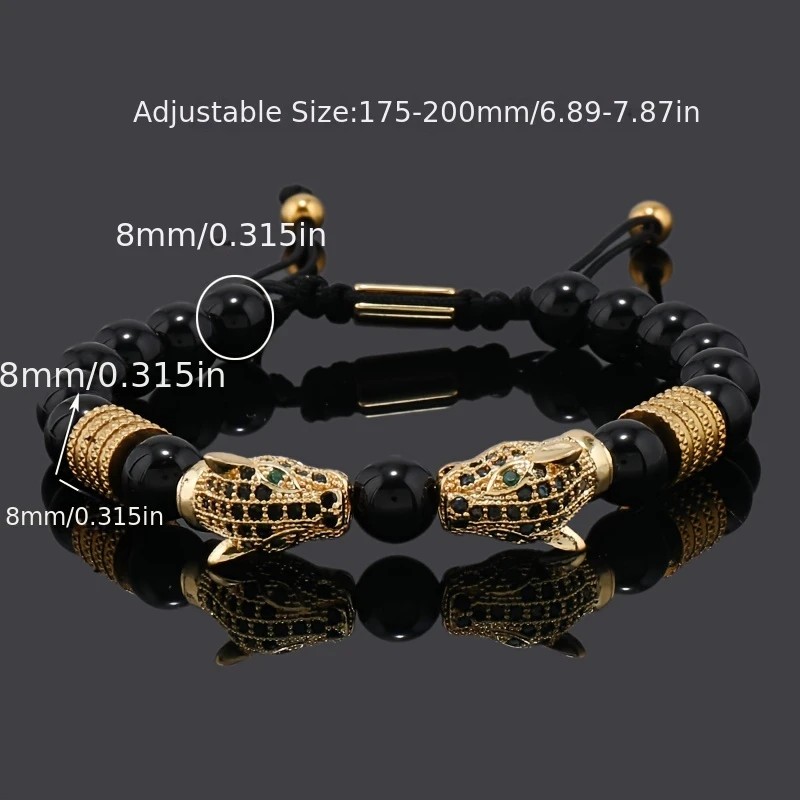 golden Leopard Print Men's Bracelet: Polished Black Stone Beads with Inlaid Diamond Leopard Head, 175-200mm Adjustable, Embodying Wild and Sophisticated Wrist Fashion. - Image 4