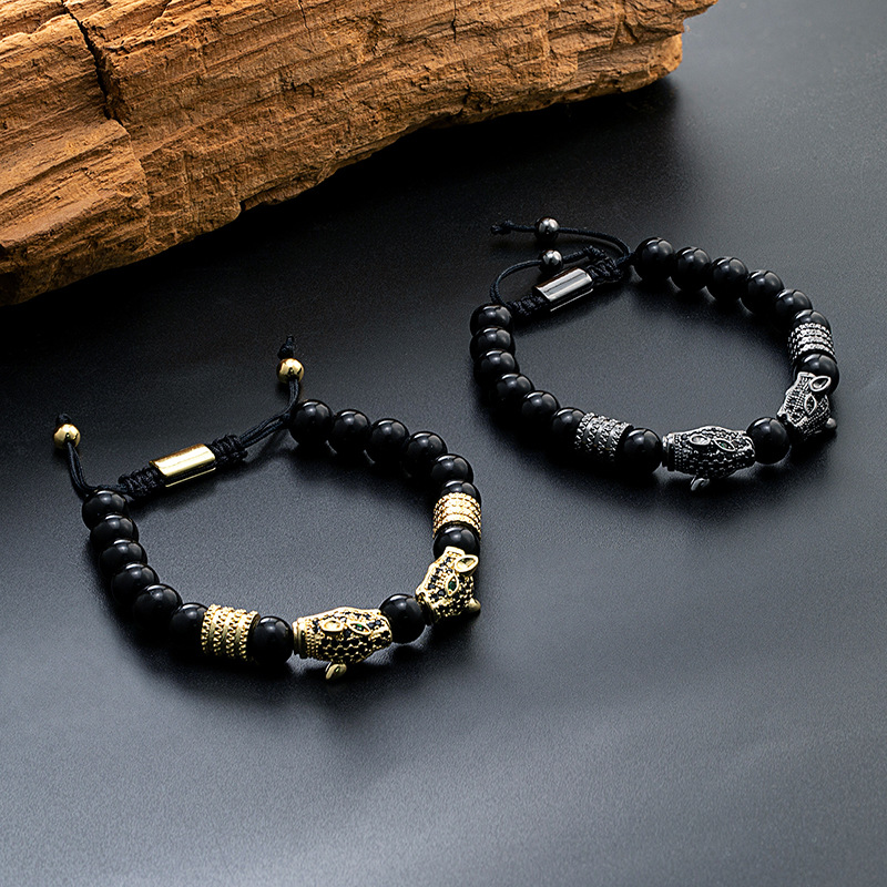 golden Leopard Print Men's Bracelet: Polished Black Stone Beads with Inlaid Diamond Leopard Head, 175-200mm Adjustable, Embodying Wild and Sophisticated Wrist Fashion. - Image 5