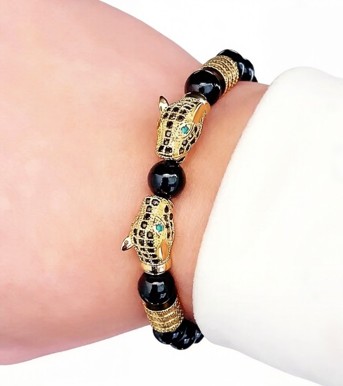golden Leopard Print Men's Bracelet: Polished Black Stone Beads with Inlaid Diamond Leopard Head, 175-200mm Adjustable, Embodying Wild and Sophisticated Wrist Fashion. - Image 6