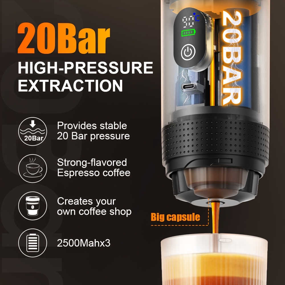 Portable 20Bar High - Pressure Extraction Coffee Machine, 80ml Stainless Steel Water Tank + Foldable Stand, Low - Battery Alert & Real - Time Temperature Control, Enjoy Barista - Quality Coffee on the Go, at Office or While Driving。black - Image 5