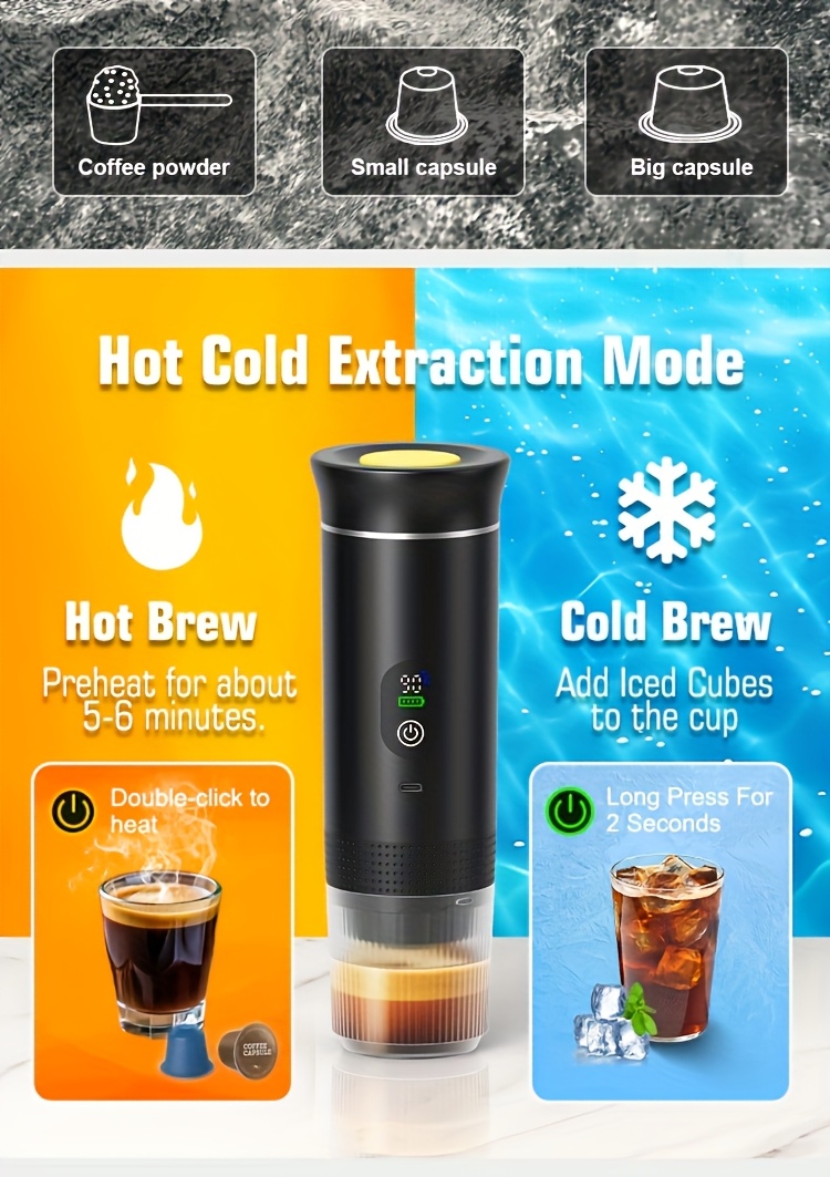 Portable 20Bar High - Pressure Extraction Coffee Machine, 80ml Stainless Steel Water Tank + Foldable Stand, Low - Battery Alert & Real - Time Temperature Control, Enjoy Barista - Quality Coffee on the Go, at Office or While Driving。black - Image 7