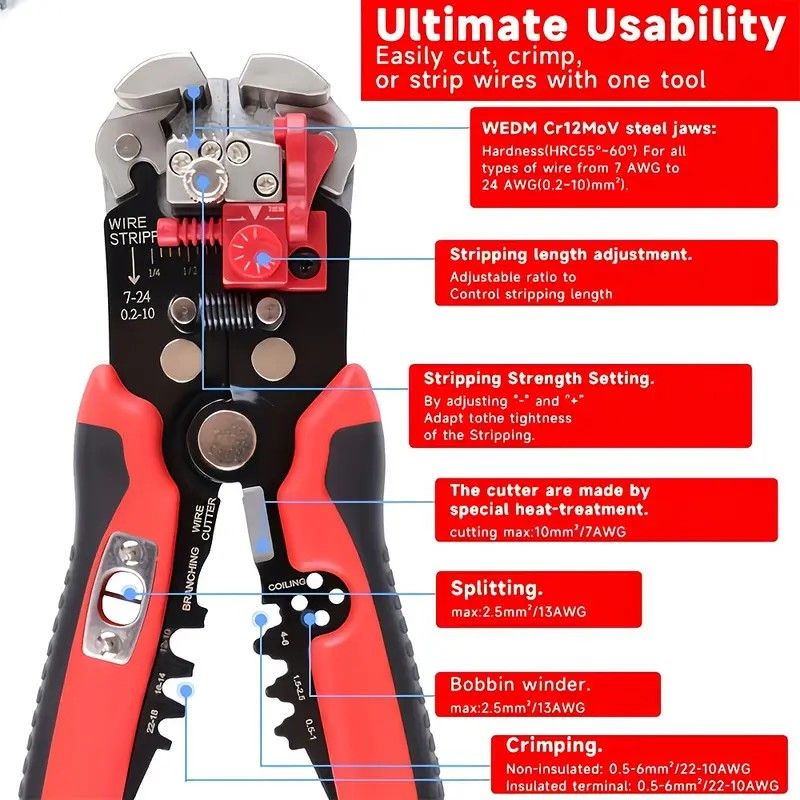 Multifunctional Wire Stripper, Five-in-One All-Purpose, Widely Compatible with 7-24 AWG, Intelligent Adjustment for Precise Stripping Without Damaging Core, Full Capabilities in Cutting, Crimping, Splitting, and Winding, Essential for Electricians and DIY - Image 2