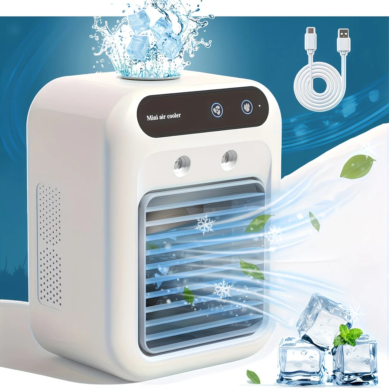 USB rechargeable mini air conditioning fan, supports USB/wireless charging. Features 3-speed wind, cooling, and humidification levels. Powered by a lithium battery, lightweight and compact, ideal for desktop cooling in both office and home settings. - Image 1