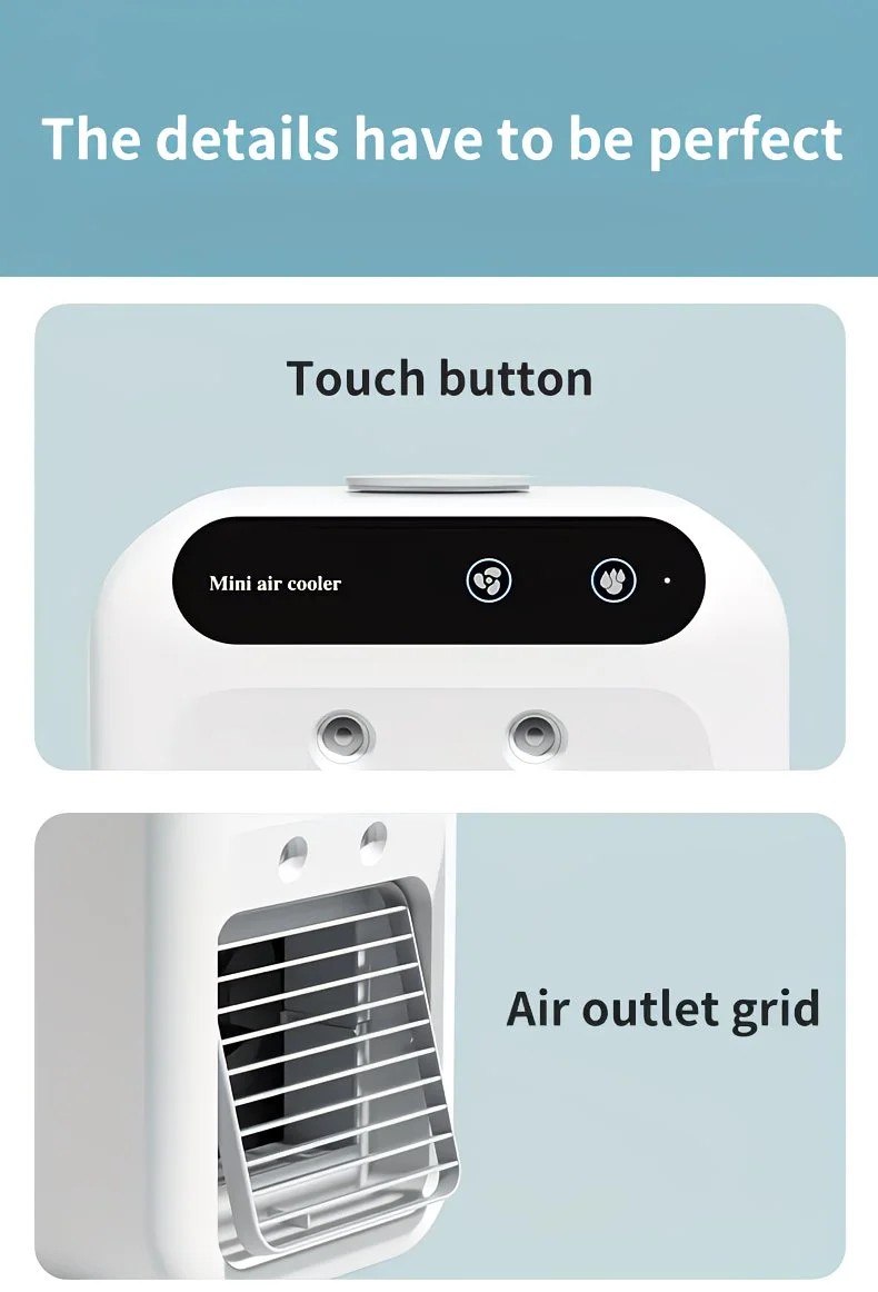 USB rechargeable mini air conditioning fan, supports USB/wireless charging. Features 3-speed wind, cooling, and humidification levels. Powered by a lithium battery, lightweight and compact, ideal for desktop cooling in both office and home settings. - Image 2