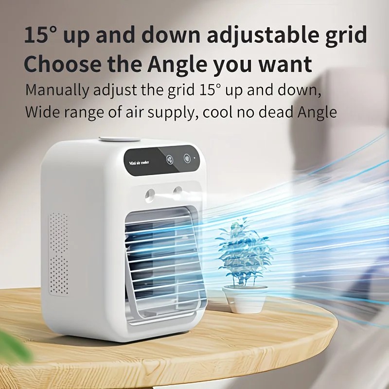USB rechargeable mini air conditioning fan, supports USB/wireless charging. Features 3-speed wind, cooling, and humidification levels. Powered by a lithium battery, lightweight and compact, ideal for desktop cooling in both office and home settings. - Image 4