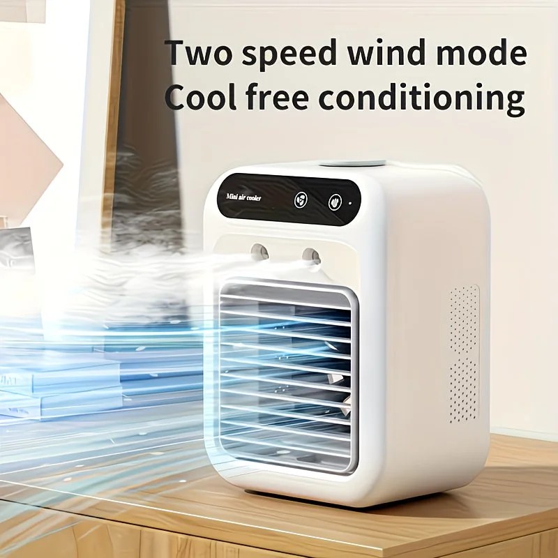 USB rechargeable mini air conditioning fan, supports USB/wireless charging. Features 3-speed wind, cooling, and humidification levels. Powered by a lithium battery, lightweight and compact, ideal for desktop cooling in both office and home settings. - Image 8