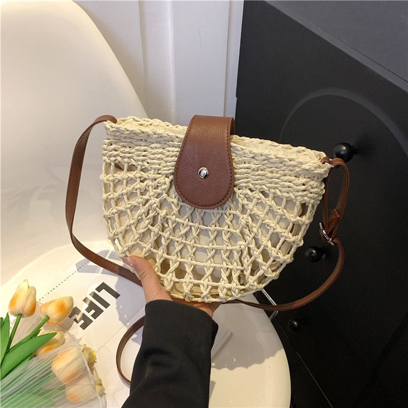 Natural straw woven handbag, leather flap with metal zipper, dual-use as handbag and crossbody bag, lightweight and practical, versatile for summer./beige - Image 1