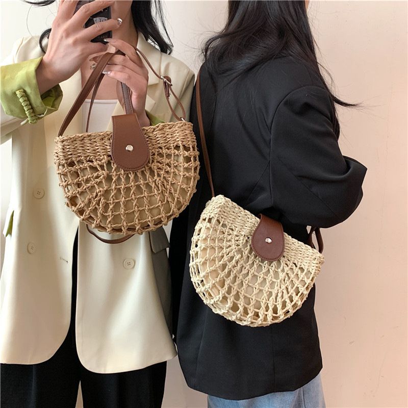 Natural straw woven handbag, leather flap with metal zipper, dual-use as handbag and crossbody bag, lightweight and practical, versatile for summer./beige - Image 2