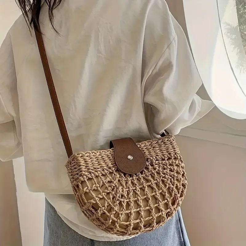 Natural straw woven handbag, leather flap with metal zipper, dual-use as handbag and crossbody bag, lightweight and practical, versatile for summer./BROWN - Image 1
