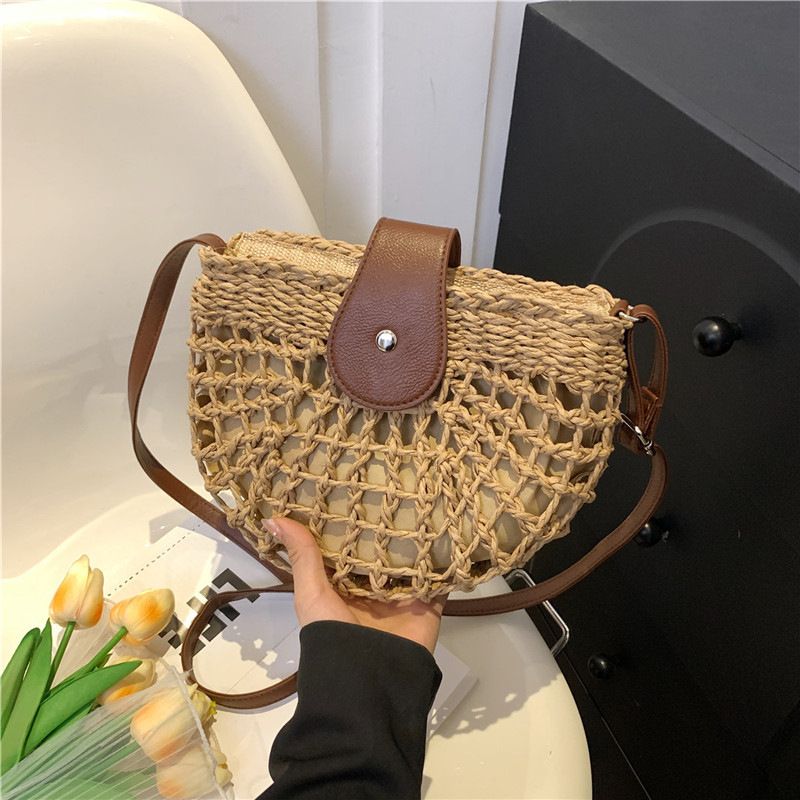 Natural straw woven handbag, leather flap with metal zipper, dual-use as handbag and crossbody bag, lightweight and practical, versatile for summer./BROWN - Image 3