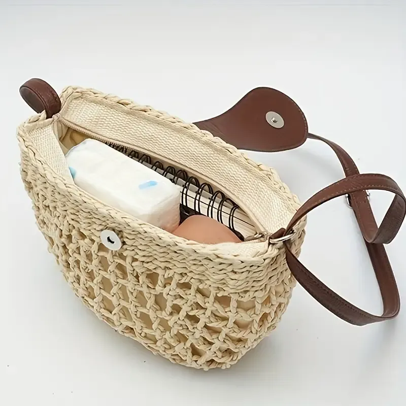 Natural straw woven handbag, leather flap with metal zipper, dual-use as handbag and crossbody bag, lightweight and practical, versatile for summer./BROWN - Image 4