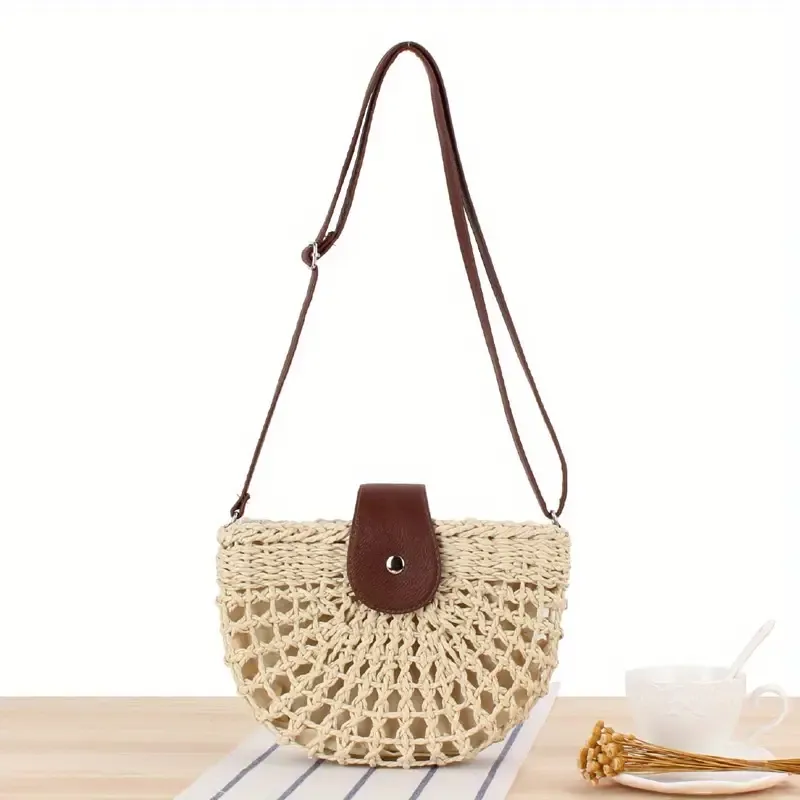 Natural straw woven handbag, leather flap with metal zipper, dual-use as handbag and crossbody bag, lightweight and practical, versatile for summer./BROWN - Image 5